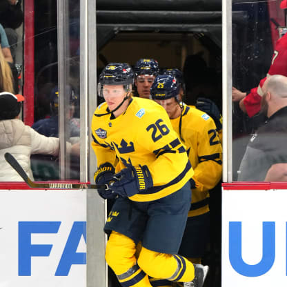 Rasmus Dahlin #26 of Team Sweden takes the ice for warm-up before the 4 Nations Face-Off game between Finland and Sweden at Bell Centre on February 15, 2025 in Montreal, Quebec. (Photo by Andre Ringuette/4NFO/World Cup of Hockey via Getty Images)