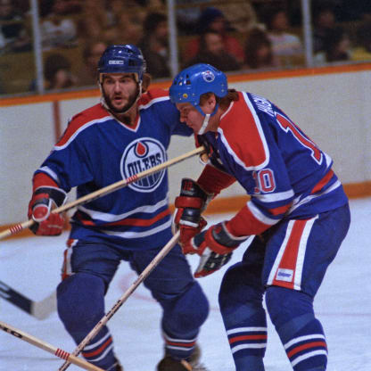 Matti Hagman #10 and Garry Lariviere #6 of the Edmonton Oilers skate against the Toronto Maple Leafs during NHL game action on January 16, 1982 at Maple Leaf Gardens in Toronto, Ontario, Canada. (Photo by Graig Abel/Getty Images)