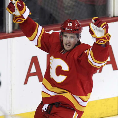 Roman Cervenka #10 of the Calgary Flames celebrates a teammates goal in second period play against the Edmonton Oilers in NHL action on January 26, 2013 at the Scotiabank Saddledome in Calgary, Alberta, Canada. (Photo by Mike Ridewood/Getty Images)