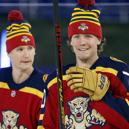 Jesper Boqvist #70 and Gustav Forsling #42 of the Florida Panthers skate the ice during practice prior to their meeting the New York Rangers in the 2026 Discover NHL Winter Classic at LoanDepot Park on January 1, 2026 in Miami, Florida. (Photo by Eliot J. Schechter/NHLI via Getty Images)
