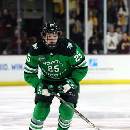 Abram Wiebe #25 of University of North Dakota Fighting Hawks skates against the Arizona State University Sun Devils at Mullett Arena on January 10, 2025 in Tempe, Arizona. (Photo by Zac BonDurant/Getty Images)