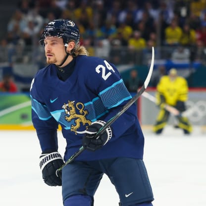 Roope Hintz #24 of Team Finland looks on in the second period during the Men's Preliminary Group B match between Finland and Sweden on day seven of the Milano Cortina 2026 Winter Olympic games at Milano Santagiulia Ice Hockey Arena on February 13, 2026 in Milan, Italy. (Photo by Gregory Shamus/Getty Images)
