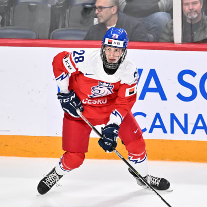 Eduard Sale #28 of Team Czech Republic skates the puck against Team Switzerland during the third period in the quarterfinals of the 2023 IIHF World Junior Championship at Scotiabank Centre on January 2, 2023 in Halifax, Nova Scotia, Canada. Team Czech Republic defeated Team Switzerland 9-1. (Photo by Minas Panagiotakis/Getty