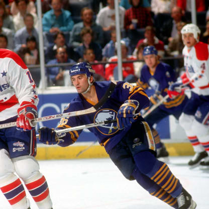 Czech hockey player Jan Ludvig of the Buffalo Sabres on the ice, in October 1988.(Photo by B Bennett/Bruce Bennett Studios via Getty Images Studios/Getty Images)