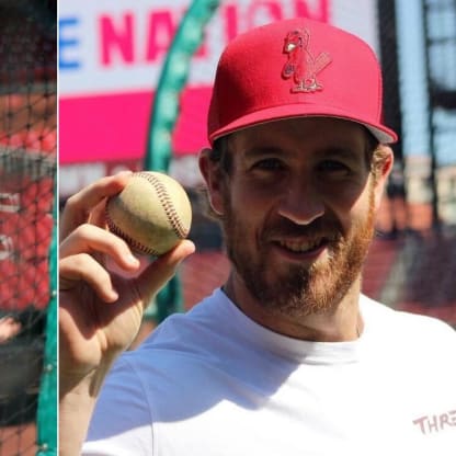 Hayes of Blues blasts home run at Busch Stadium during batting practice