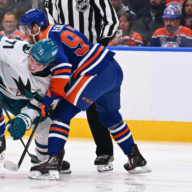 Celebrini SJS taking faceoff against McDavid EDM