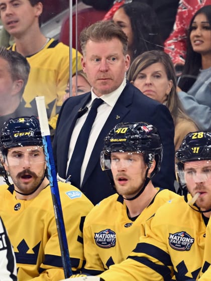 Assistant coach Daniel Alfredsson of Team Sweden handles the bench against Team Canada in the NHL 4 Nations Face-Off at Bell Centre on February 12, 2025 in Montreal, Quebec, Canada. (Photo by Minas Panagiotakis/Getty Images)