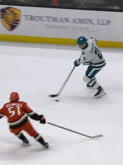 SJS@ANA: Celebrini scores goal against Lukas Dostal