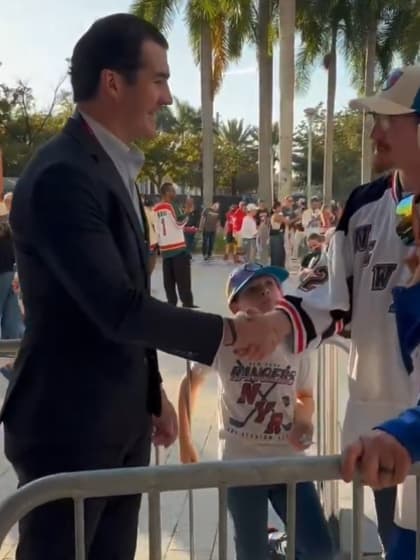 Brian Boyle 2026 Winter Classic greets fan wearing jersey
