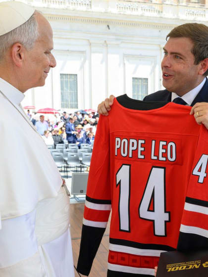 Pope Leo XIV receives custom Carolina Hurricanes jersey