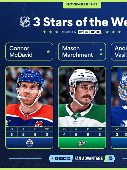 McDavid Marchment Vasilevskiy named NHL 3 Stars of Week November 18