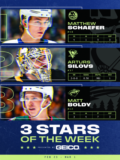 Schaefer, Silovs, Boldy named NHL 3 Stars of Week March 2, 2026