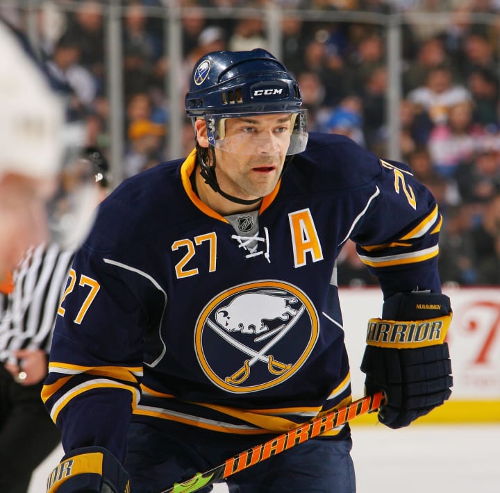 Teppo Numminen #27 of the Buffalo Sabres skates against the Toronto Maple Leafs on February 4, 2009 at HSBC Arena in Buffalo, New York. (Photo by Bill Wippert/NHLI via Getty Images)