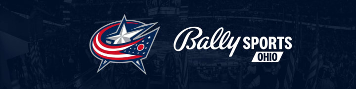 Blue graphic with Blue Jackets primary logo next to white Bally Sport Ohio logo.