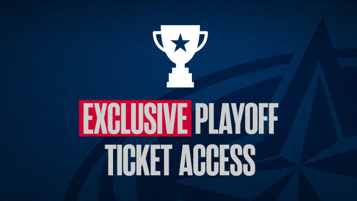 Blue graphic with grey text reading Exclusive Playoff Ticket Access. White icon at top showing a trophy.