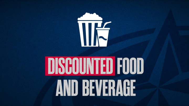 Blue graphic with grey text reading Discounted Food and Beverage. White icon at top showing a bucket of popcorn and fountain drink with straw.