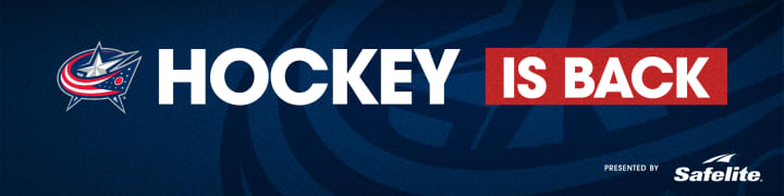 Blue graphic with large white text reading Hockey Is Back. Presented by Safelite in the bottom right corner.