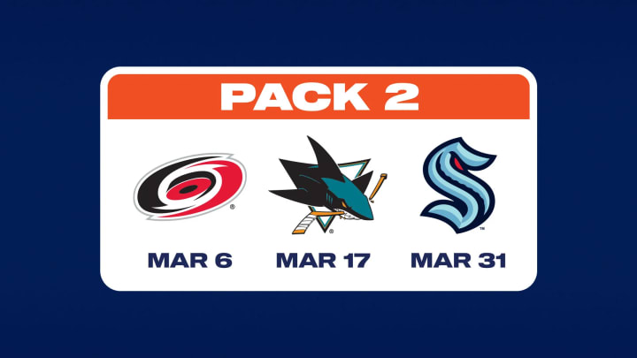 Promotional graphic titled “Pack 2” showing Carolina (Mar 6), San Jose (Mar 17), and Seattle (Mar 31) game dates with team logos on a blue background.