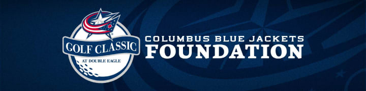 Blue header with Columbus Blue Jackets Foundation Golf Classic logo to the left. Large white text to the right reads Columbus Blue Jackets Foundation.