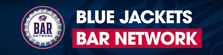 Blue header with Blue Jackets Bar Network logo to the left. Large white text to the right reads Blue Jackets Bar Network.