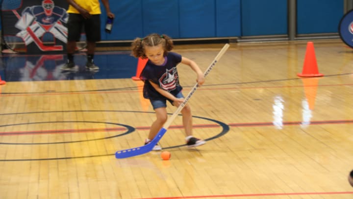 Photo of a young girl handling a hockey stick and ball during a Hockey To Go clinic.