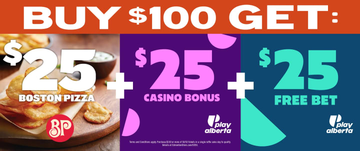 Orange header reads “Buy $100 get:” with three panels offering $25 Boston Pizza, $25 casino bonus, and $25 free bet; Play Alberta and BP logos shown; footer notes terms apply and eligibility requires $100+ in 50/50 tickets purchased in a single raffle day.