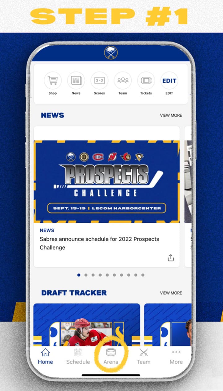 mobile ticket resell step 1, access the Arena section on the Sabres app