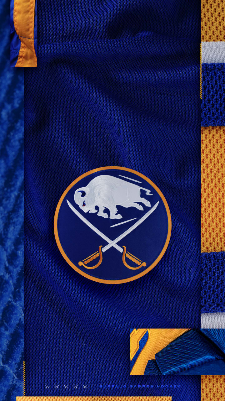 Buffalo Sabres primary logo on a royal blue jersey textured background