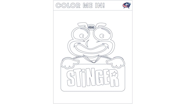 Coloring page of cartoon of Blue Jackets mascot, Stinger, on top of large text reading Stinger. Large text at the top reads Color Me In!