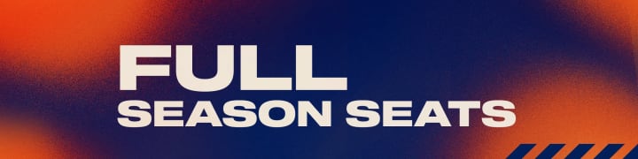 A dynamic graphic with a gradient background from deep blue to vibrant orange. The text “FULL SEASON SEATS” is centered in large, bold, white font, with “FULL” above “SEASON SEATS.” Three dark orange diagonal stripes are in the lower right corner.
