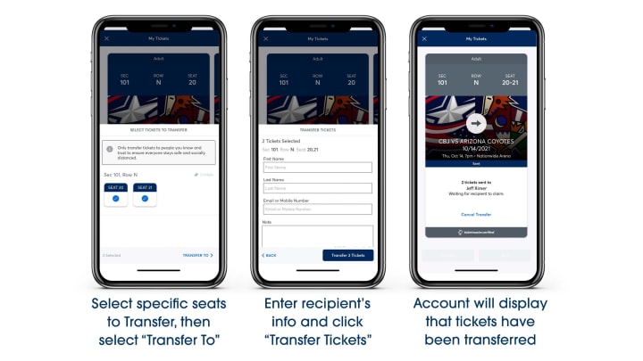 Blue graphic with three phone screen mockups side by side. From left to right, first screen is seat transfer selection page. Blue text below reads Select specific seats to Transfer, then select "Transfer To". Second screen is transfer recipients page. Blue text below reads Enter recipient's info and click "Transfer Tickets". Third screen is ticket transfer confirmation page. Blue text below reads Account will display that tickets have been transferred.