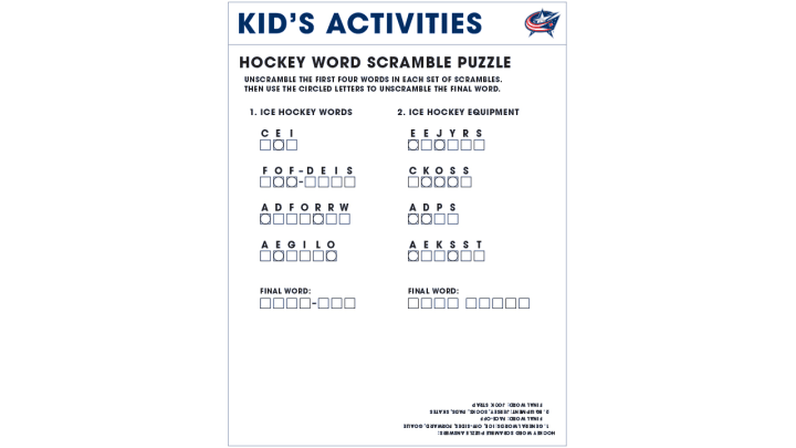 Blue Jackets hockey word scramble puzzle page on white background. Large blue text at the top reads Kid's Activities.