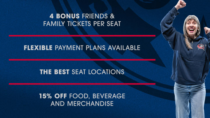 Blue graphic with photo of woman in Blue Jackets sweatshirt cheering to the right. Grey text to the left reads: 4 Bonus Friends & Family Tickets per Seat, Flexible Payment Plans Available, The Best Seat Locations, and 15% Off Food, Beverage, and Merchandise.