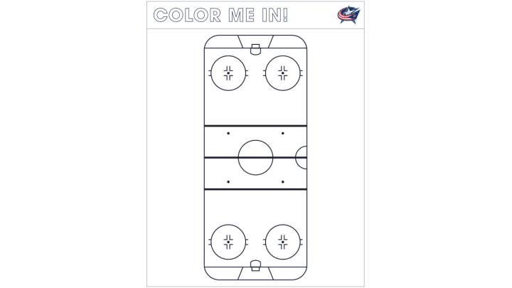 Coloring page of a ice hockey rink. Large text at the top reads Color Me In!