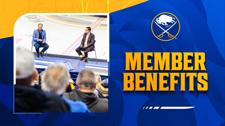 Member Benefits graphic with a picture of Kevyn Adams and Dan Dunleavy at the Blue and Gold insights season ticket holder event