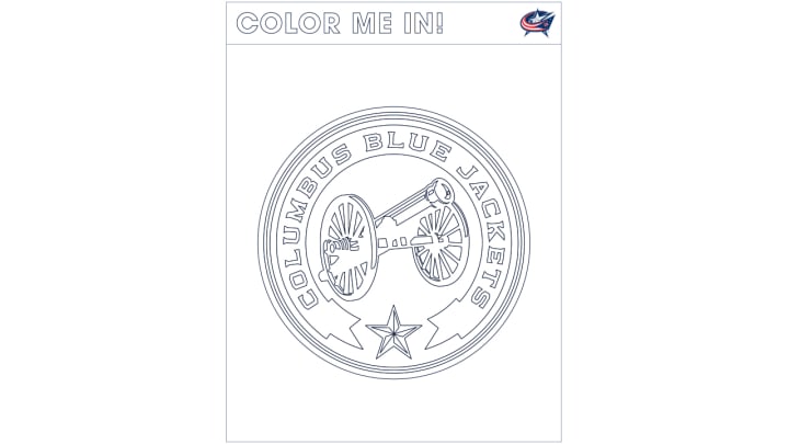 Coloring page of Blue Jackets alternate cannon logo. Large text at the top reads Color Me In!