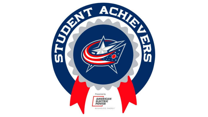 Blue Jackets Student Achievers, presented by AEP, logo on white background.