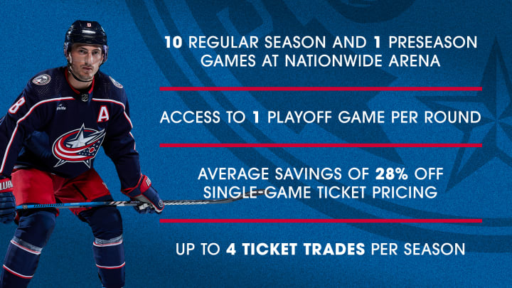 Light blue graphic with photo of Blue Jackets player, Zach Werenski, to the left. White text to the right reads: 10 Regular Season and 1 Preseason Games at Nationwide Arena, Access to 1 Playoff Game Per Round, Average Savings of 28% Off Single-Game Ticket Pricing, and Up to 4 Ticket Trades Per Season.