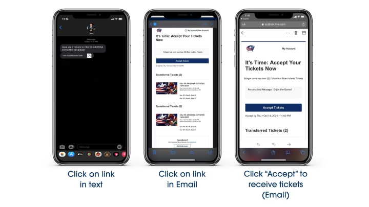 Graphic with three phone screen mockups side by side. From left to right, first screen is Ticketmaster transfer link page in iMessages. Blue text below reads Click on link in text. Second page is Ticketmaster transfer email. Blue text below reads Click on link in Email. Third screen is accept tickets page. Blue text below reads Click "Accept" to receive tickets (Email).