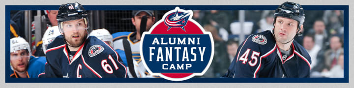Header with logo at center with Blue Jackets logo on top and white text reading Alumni Fantasy Camp below. Photo of Rick Nash in Blue Jackets jersey to the left. Photo of Jody Shelley in Blue Jackets jersey to the right.