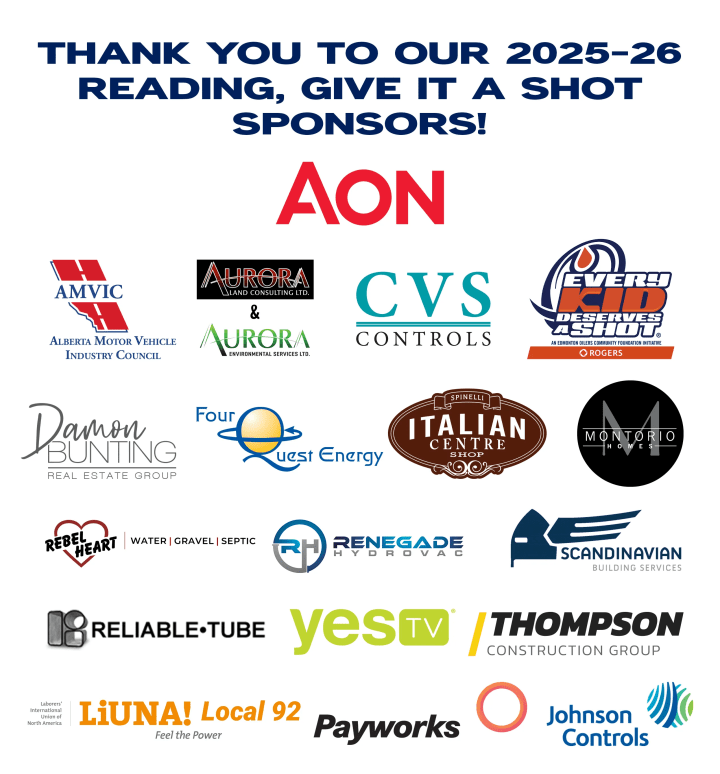 “Reading, Give It a Shot” 2025–26 sponsor thank-you graphic with logos including AON, AMVIC, Aurora, CVS Controls, EOCF, Damon Bunting Real Estate, Four Quest Energy, Italian Centre Shop, Montorio Homes, Rebel Heart, Renegade Hydrovac, Reliable Tube, yesTV, Thompson Construction Group, LiUNA Local 92, Payworks, and Johnson Controls.