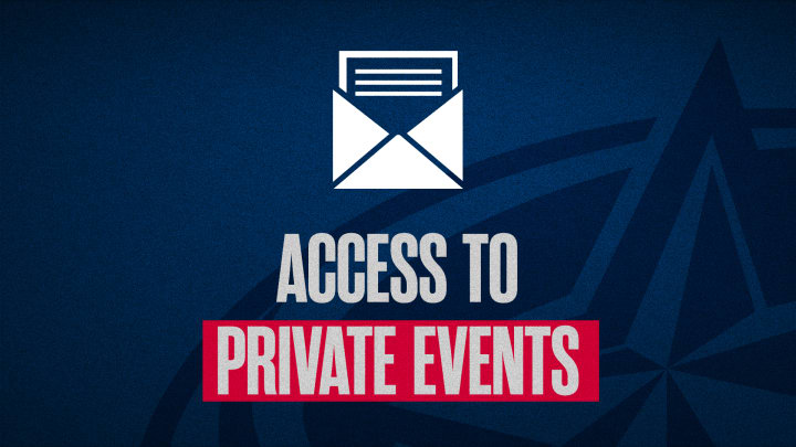 Blue graphic with grey text reading Access to Private Events. White icon at top showing an envelope with a letter inside.
