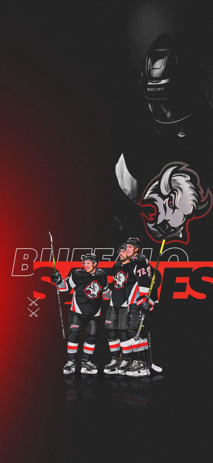 A mobile background with the Sabres goathead logo along with Jeff Skinner, Alex Tuch and Tage Thompson wearing red and black Sabres jerseys