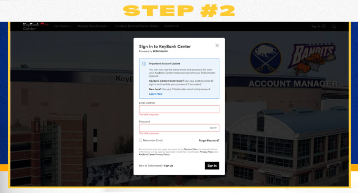 Desktop invoice step 2, enter the email address that you use on your Sabres season ticket member account. If you do not know your password click forgot password