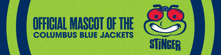 Lime green graphic with navy blue accents. Large blue text to the left reads Official Mascot of the Columbus Blue Jackets. Cartoon cutout of Blue Jackets Mascot, Stinger's, head to the right. Blue text below reads Stinger.