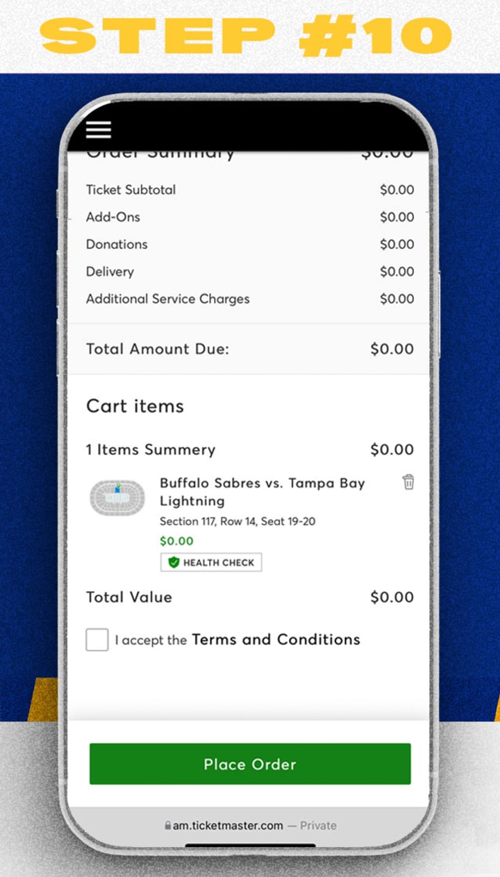 Mobile ticket exchange step 10, review exchange, accept terms and conditions and place order