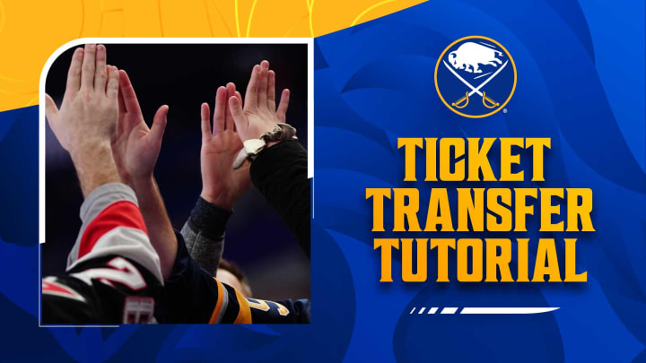 Ticket Transfer Tutorial graphic with a photo of Sabres Fans highfiving