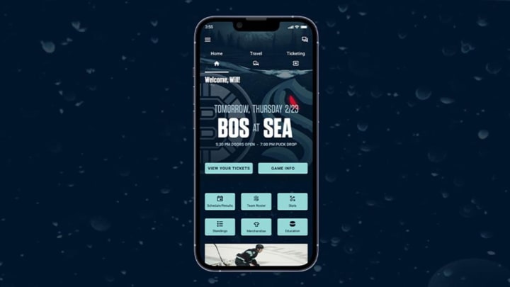 mockup of an iphone over a dark blue brackground. screen on device shows homepage of kraken app.