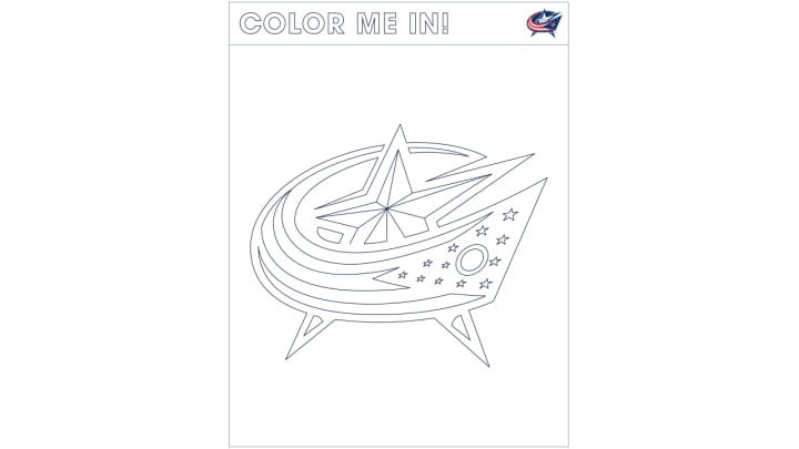 Coloring page of Blue Jackets primary logo. Large text at the top reads Color Me In!