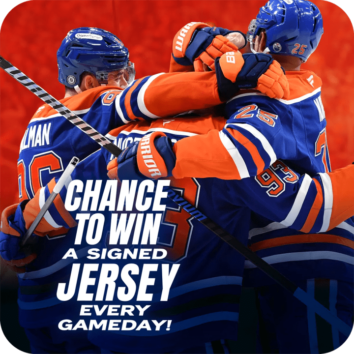 • Oilers celebration: Group of Oilers players in blue jerseys celebrating; text: “Chance to win a signed jersey every gameday.”